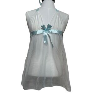 Y2K Sheer White Mesh Halter Babydoll Top Blue Satin Ribbon Bow Sheer Size Medium